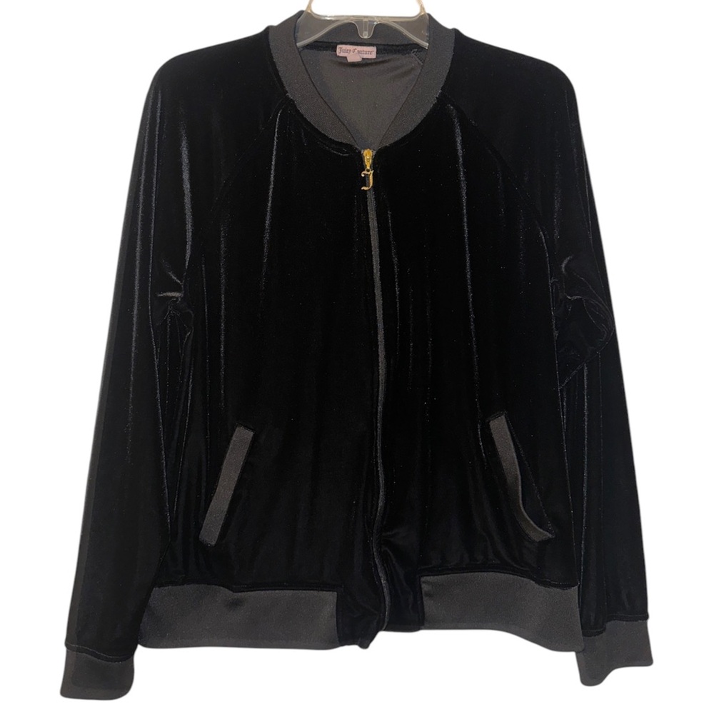 Juicy Couture Black Velour Zip-Up Jacket Y2K Gold J Zipper Pull XL Track Jacket